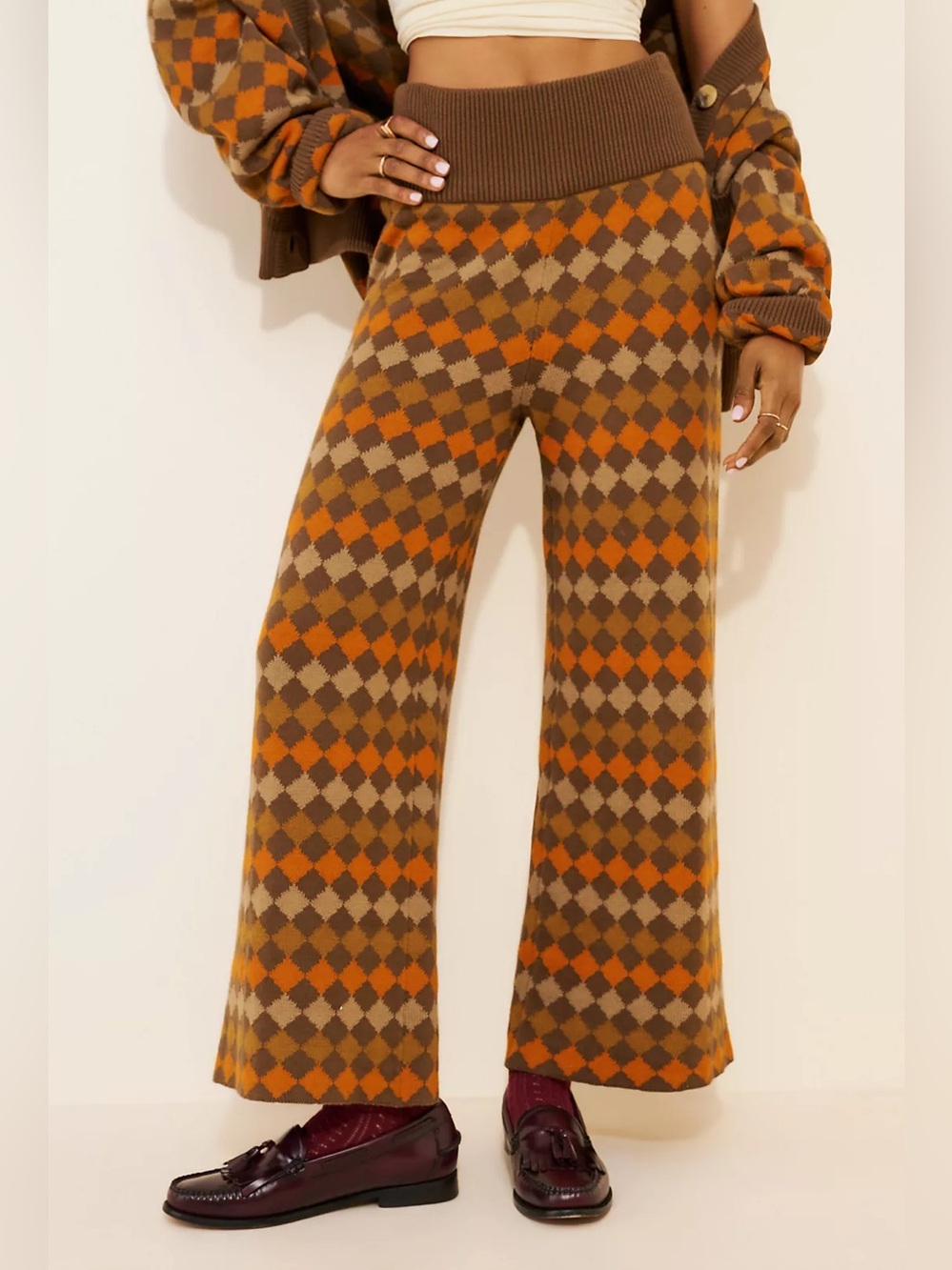 Anthropologie Known Supply Bruno Argyle Sweater Pants Fall Cozy Wide leg